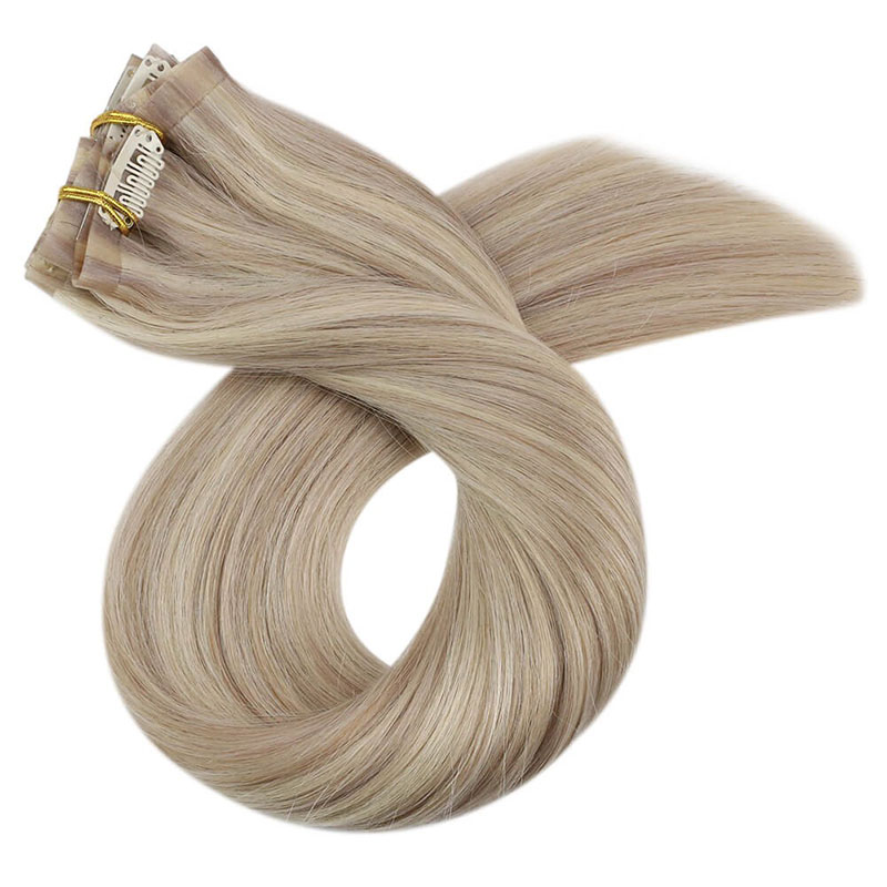 Clip senza cuciture in PU biondo cenere nelle estensioni dei capelli umani Remy (# P18 / 613)