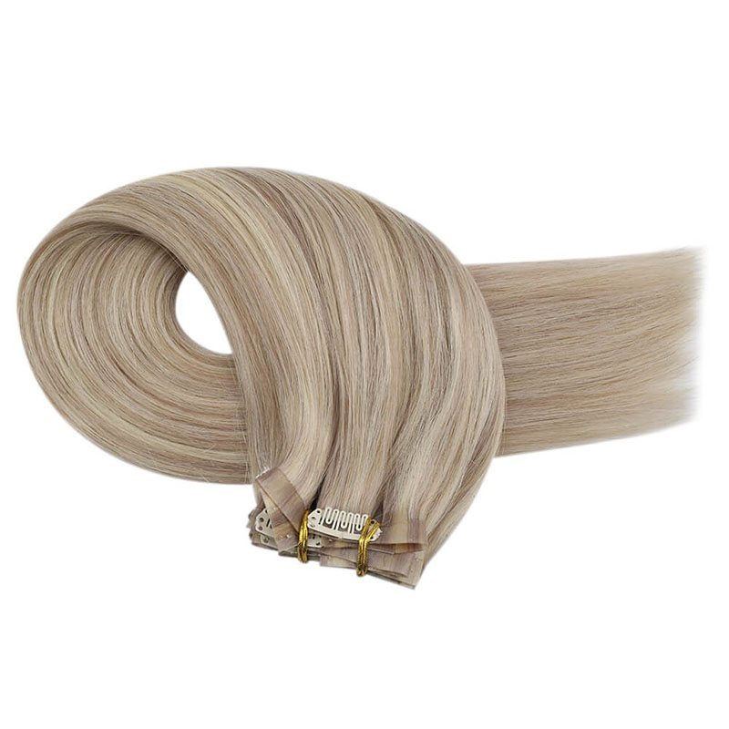 Clip senza cuciture in PU biondo cenere nelle estensioni dei capelli umani Remy (# P18 / 613)