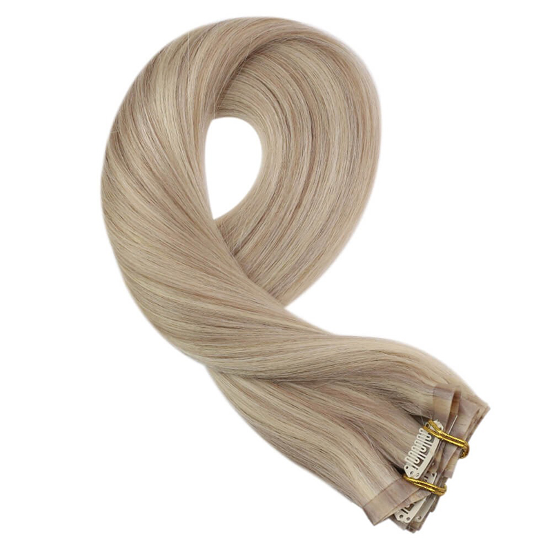 Clip senza cuciture in PU biondo cenere nelle estensioni dei capelli umani Remy (# P18 / 613)
