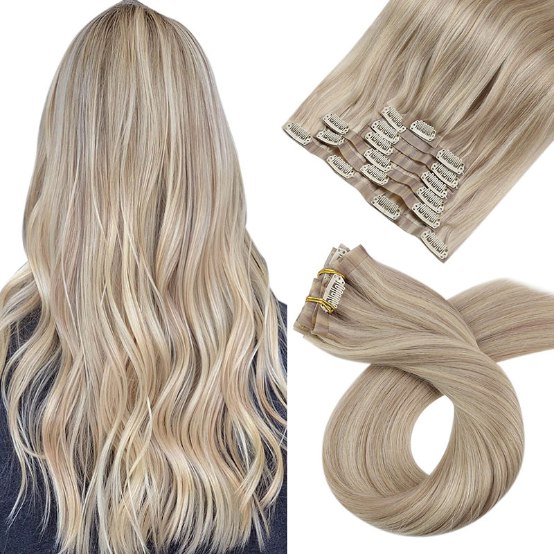 Clip senza cuciture in PU biondo cenere nelle estensioni dei capelli umani Remy (# P18 / 613)