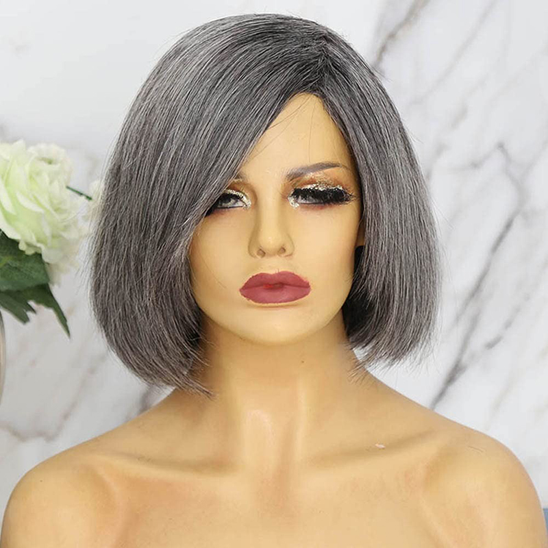 Parrucca Bob per capelli umani grigi Parrucca diritta per capelli sale e pepe 150% 10 pollici