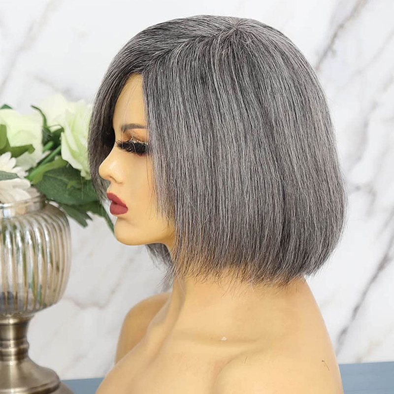 Parrucca Bob per capelli umani grigi Parrucca diritta per capelli sale e pepe 150% 10 pollici