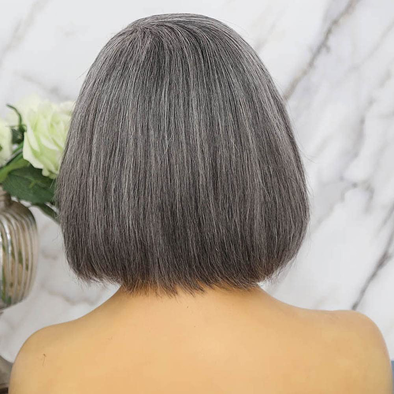 Parrucca Bob per capelli umani grigi Parrucca diritta per capelli sale e pepe 150% 10 pollici