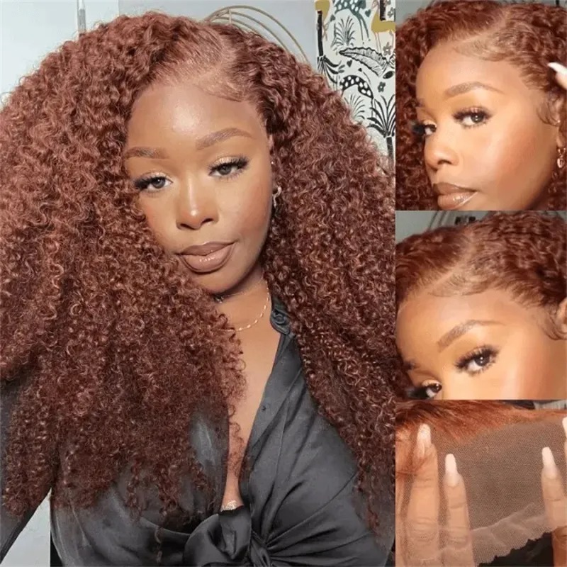 Capelli umani Rosso Marrone 13x4 Anteriore in pizzo Parrucca riccia crespa Attaccatura dei capelli pre-pizzicata
