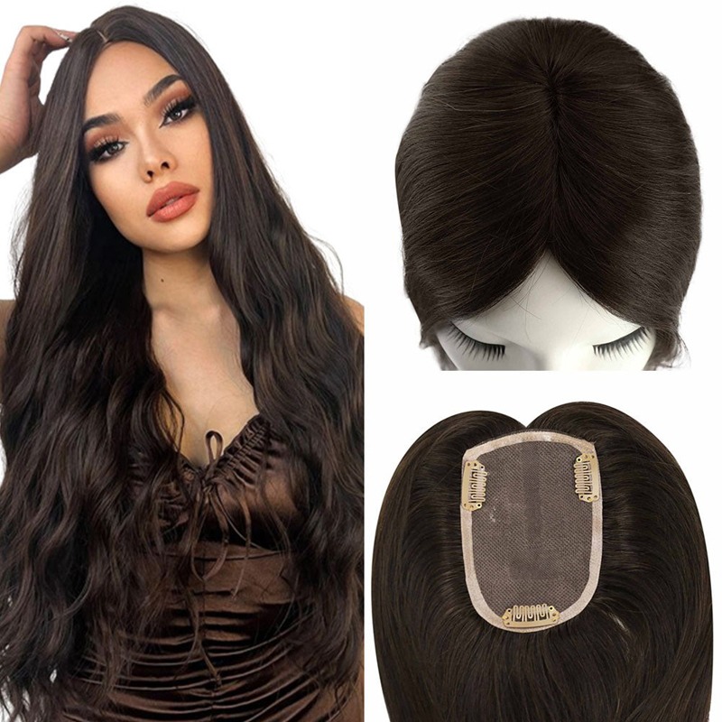 Human Hair Toppers 3"x5" Lace Base Hairpiece For Women #2 Darkest Brown