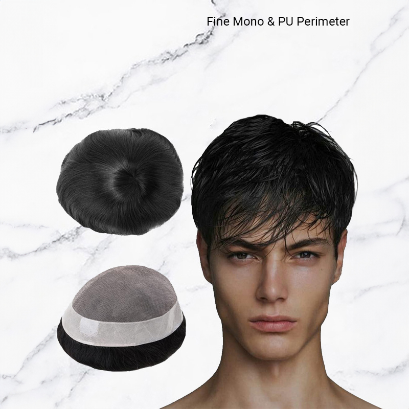 Toupee per capelli umani Sistema di sostituzione dei pezzi di capelli da uomo Fine Mono con PU # 1B