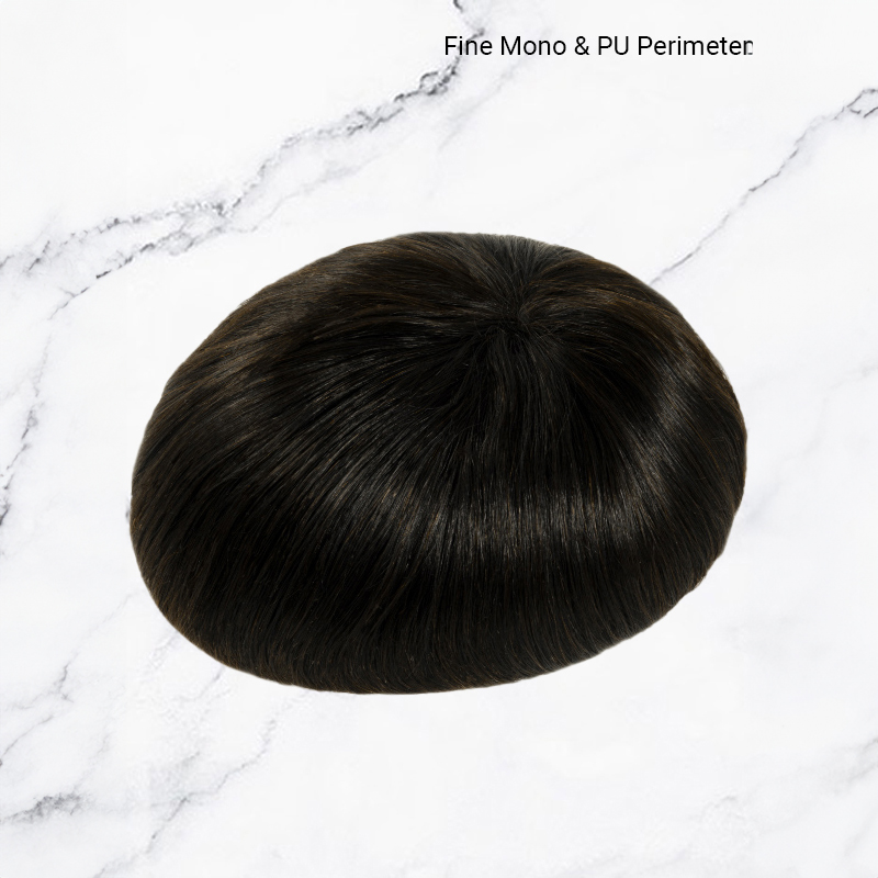 Toupee per capelli umani Sistema di sostituzione dei pezzi di capelli da uomo Fine Mono con PU # 1B