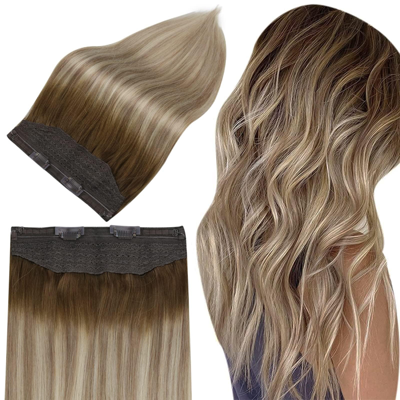Estensioni per capelli con filo invisibile Capelli umani Ombre castani e biondi 100 g