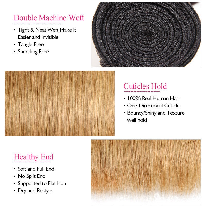 Ombre T1B/27 Capelli umani vergini al 100% 3 pacchi con chiusura in pizzo 4x4