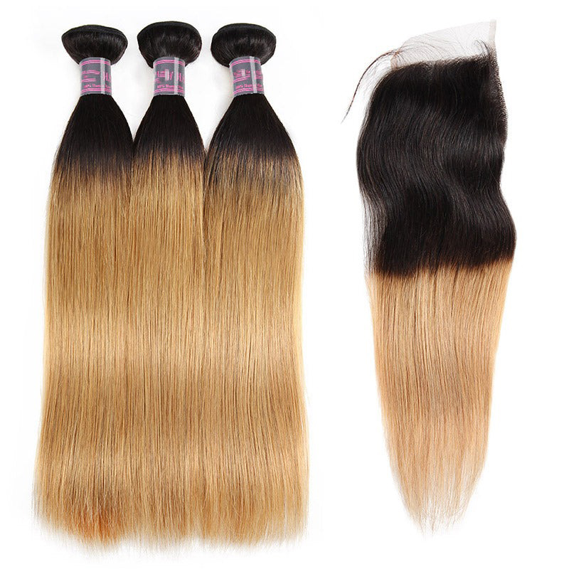 Ombre T1B/27 Capelli umani vergini al 100% 3 pacchi con chiusura in pizzo 4x4