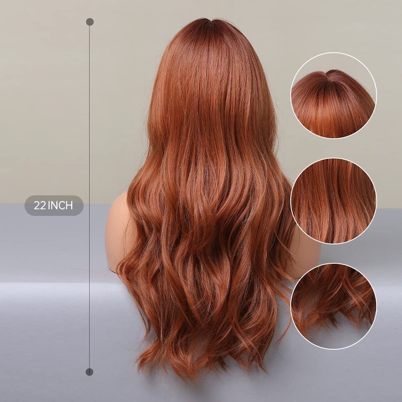 Parrucche sintetiche marrone arancione Parrucca ondulata naturale con frangia Biondo fragola
