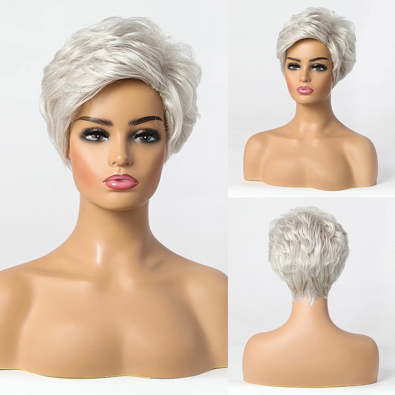 Parrucca Pixie Cut Parrucche corte grigio argento per donna Parrucca per capelli naturali a strati