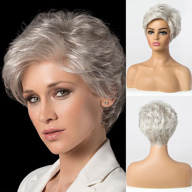 Parrucca Pixie Cut Parrucche corte grigio argento per donna Parrucca per capelli naturali a strati