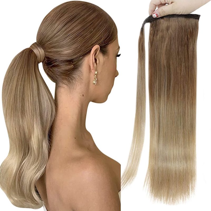 Extension coda di cavallo Balayage capelli umani castani n. 10/14 100G clip dritta