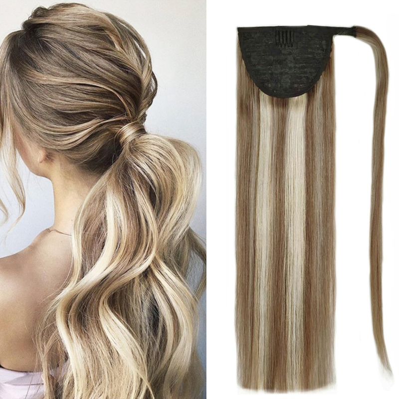 Extension coda di cavallo Capelli umani Posticci castano scuro e biondo decolorato