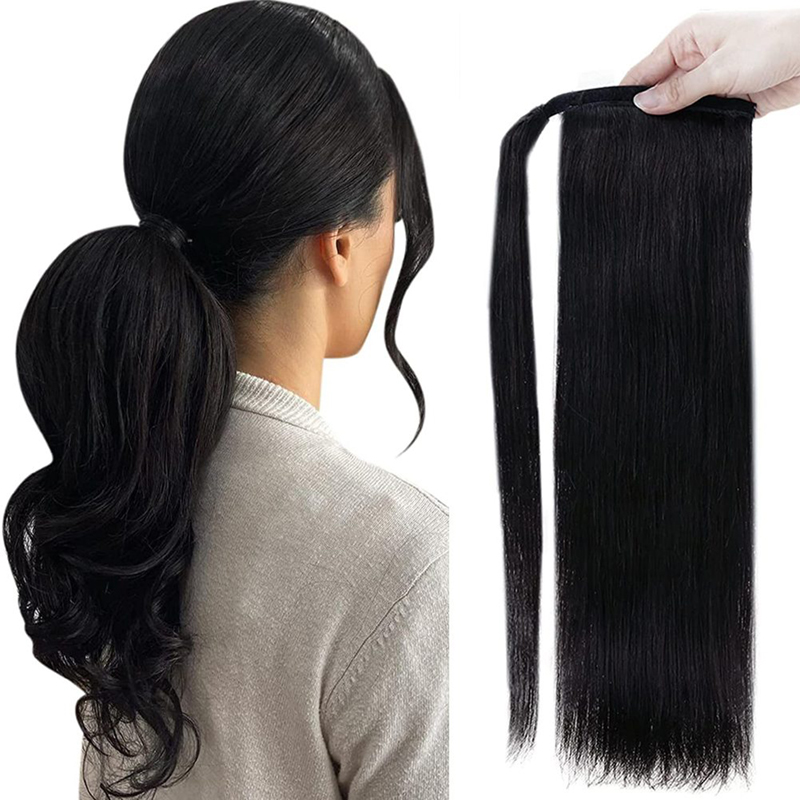 Extension coda di cavallo Clip avvolgente per capelli umani in coda di cavallo 100 g #1 Jet Black