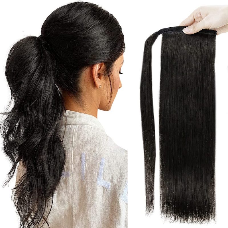 Clip per capelli umani coda di cavallo in pezzo di estensione coda di cavallo n. 1B Nero naturale