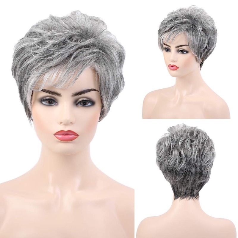 Parrucche sintetiche sale e pepe per donna Parrucca taglio pixie con botto