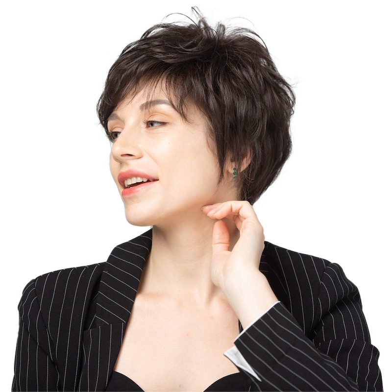 Parrucche sintetiche corte marrone scuro per donna e parrucca Lady Pixie Cut Daily