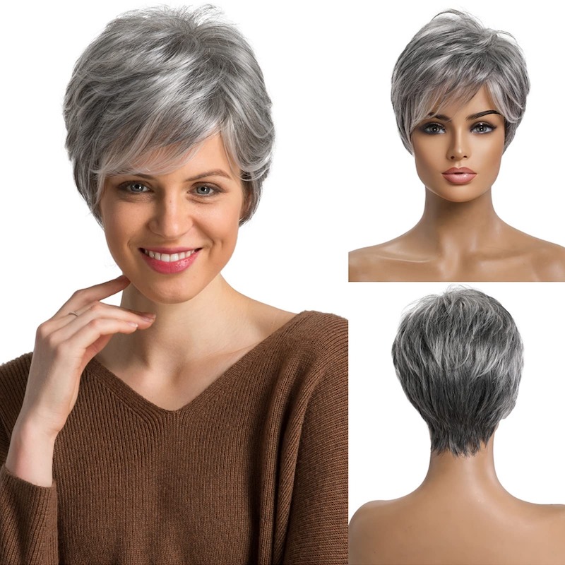 Parrucche sintetiche corte grigie per capelli da donna Parrucche quotidiane con taglio pixie naturale