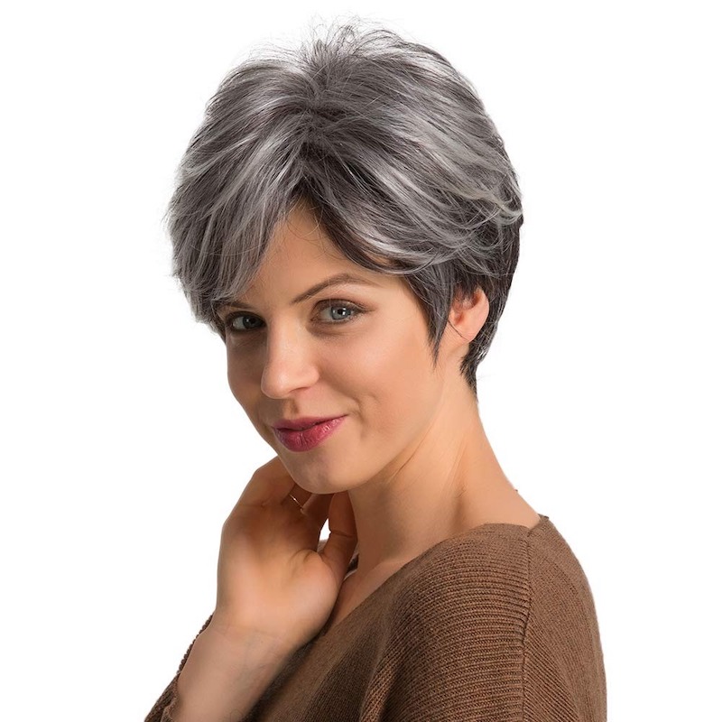 Parrucche sintetiche corte sale e pepe grigio Parrucca quotidiana taglio pixie