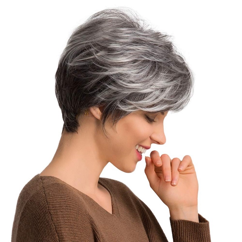 Parrucche sintetiche corte sale e pepe grigio Parrucca quotidiana taglio pixie