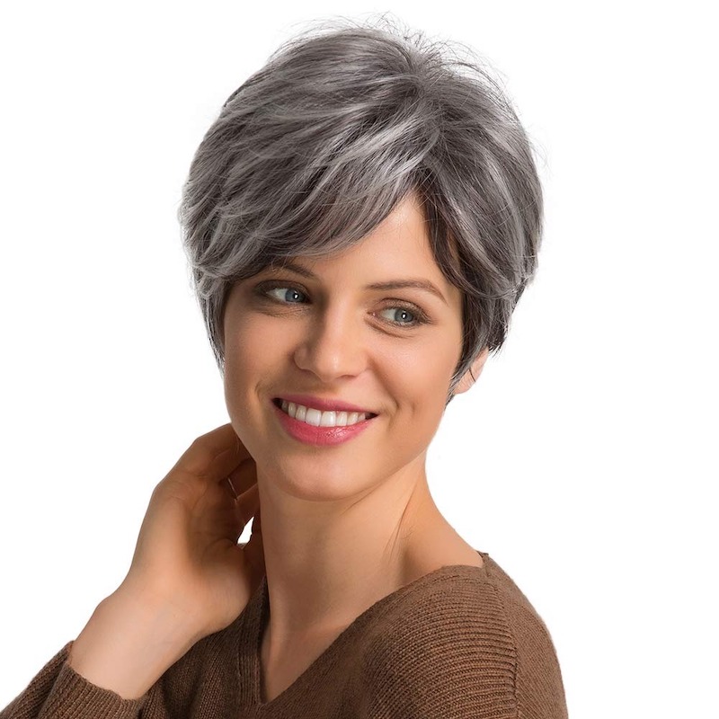 Parrucche sintetiche corte sale e pepe grigio Parrucca quotidiana taglio pixie