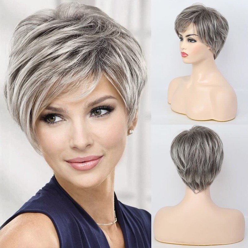 Parrucche sintetiche grigie corte per le donne Parrucca taglio pixie quotidiano con capelli naturali