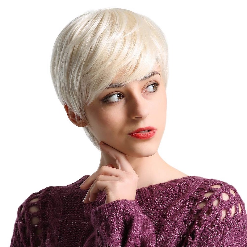Parrucche sintetiche corte biondo platino Parrucca taglio pixie con botto