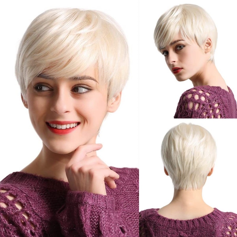 Parrucche sintetiche corte biondo platino Parrucca taglio pixie con botto