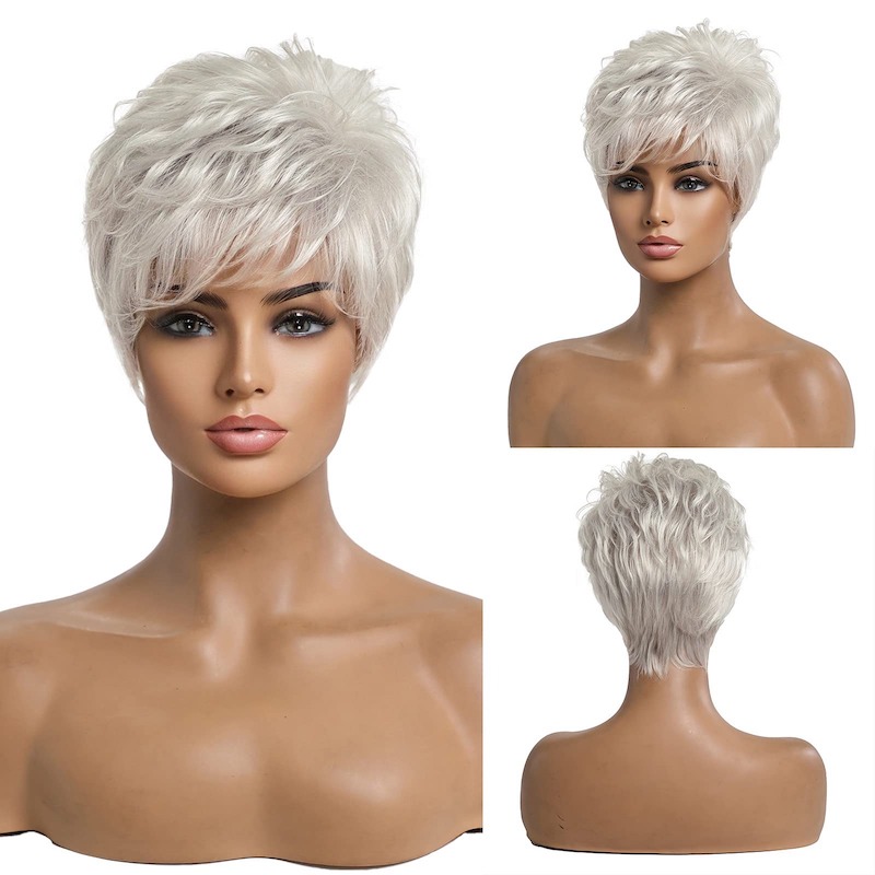 Parrucche corte per capelli grigio argento per donna Parrucca taglio pixie con frangia