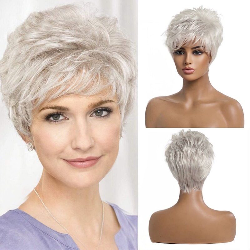 Parrucche corte per capelli grigio argento per donna Parrucca taglio pixie con frangia