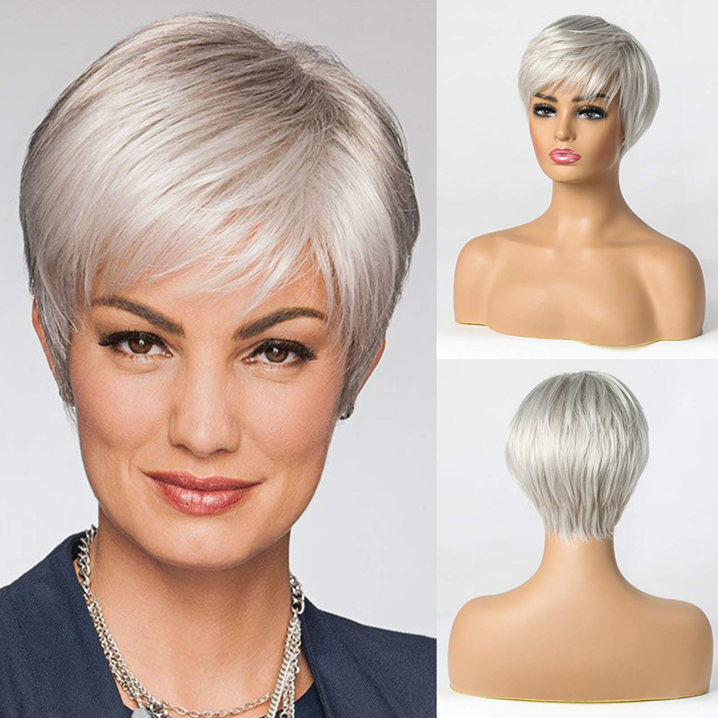 Parrucche sintetiche corte grigio argento per parrucca da donna con taglio pixie