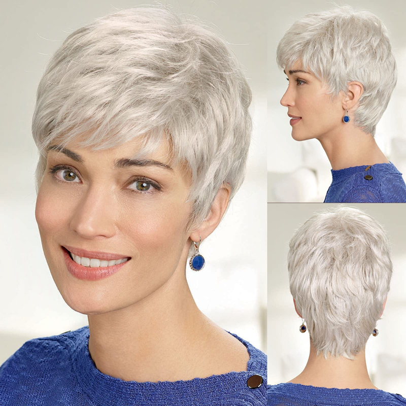 Parrucche sintetiche corte bianche argentate per le donne Parrucca riccia Pixie con botto