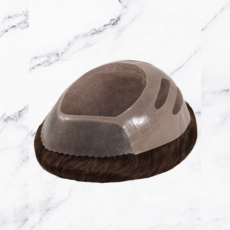 Stock Toupee Hair Piece Fine Mono con perimetro in PU e design tagliato sul retro