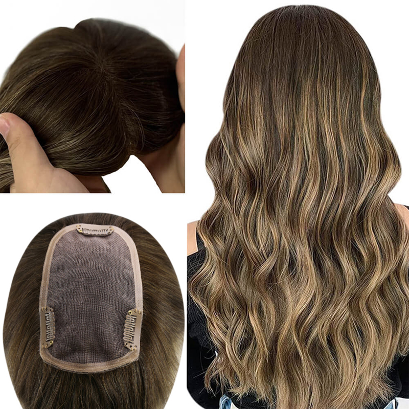 Topper per capelli vergini Parrucchino con base in pizzo da 3x5 pollici per donne Balayage # 4/27/4